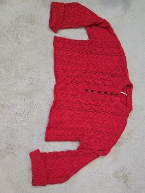 Free People Red-Knit Crew Sweater with Button Placket